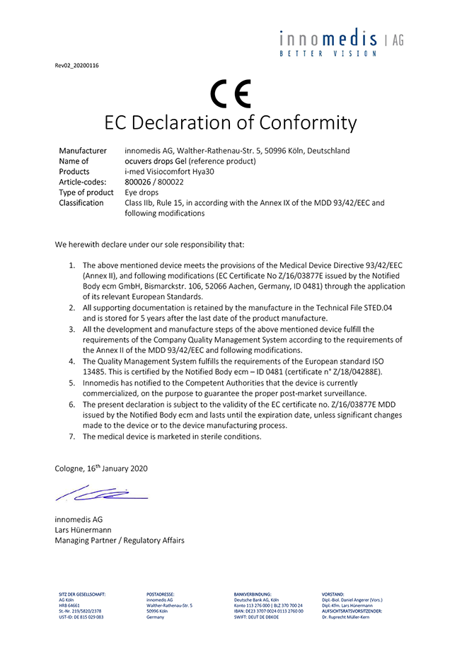 EC Declaration of Conformity ocuvers drops Gel DE