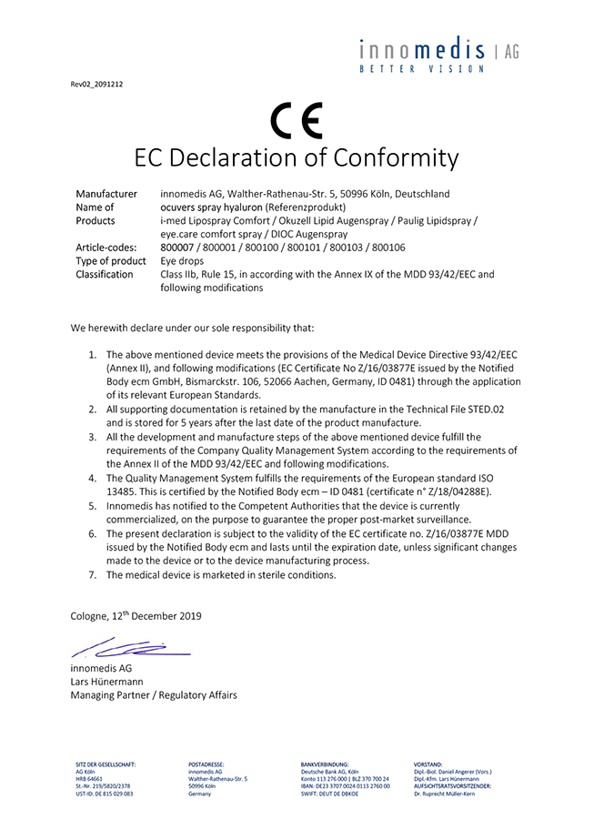 EC Declaration of Conformity ocuvers spray hyaluron EN