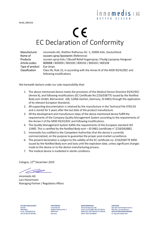 EC Declaration of Conformity ocuvers spray lipostamin EN